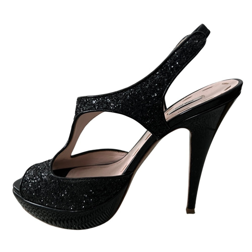 Miu Miu Platform Sandals 38 Black Metallic Leather High Heel Stiletto Shoes